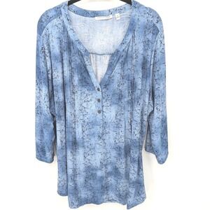 Notations Blouse Floral Tie Dye Womens Plus 3X Blue 3/4 Sleeve Henley Tunic Top